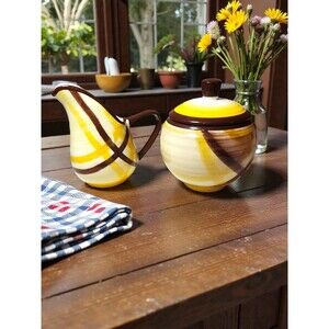 Vintage Vernonware Organdie Creamer Sugar Bowl Set Hand Painted Yellow Brown MCM